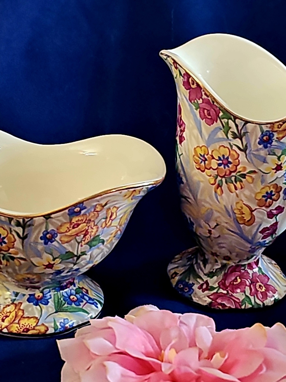 Vintage Germany Small Ceramic Cream and Sugar Bowl Set with Multicolor Flowers